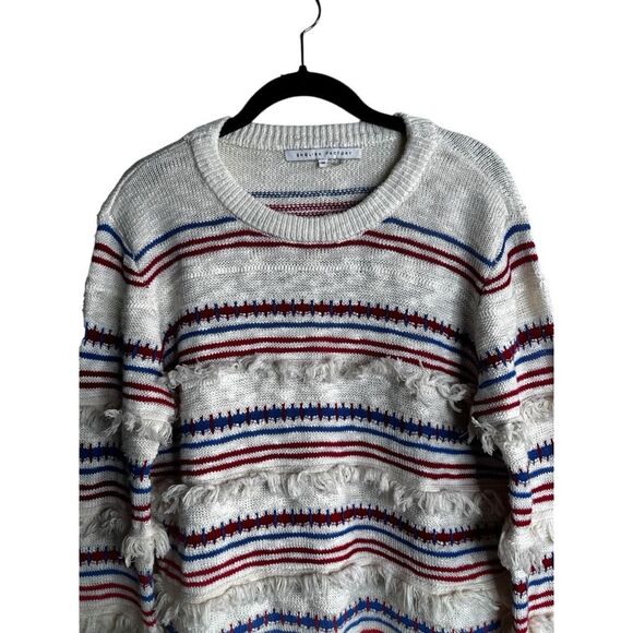 English Factory Striped Fringe Sweater Size M Cream Red Blue 4th of July Patriot - Picture 5 of 9